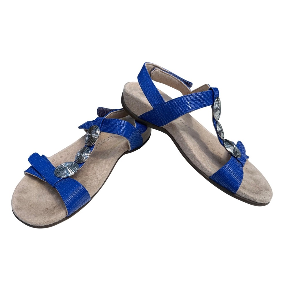 Vionic Blue Leather T-Strap Sandals with Silver Accents